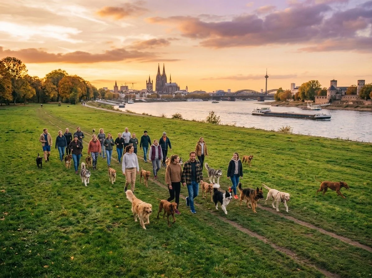 Gruppe von Menschen und Hunden beim gemeinsamen Spaziergang